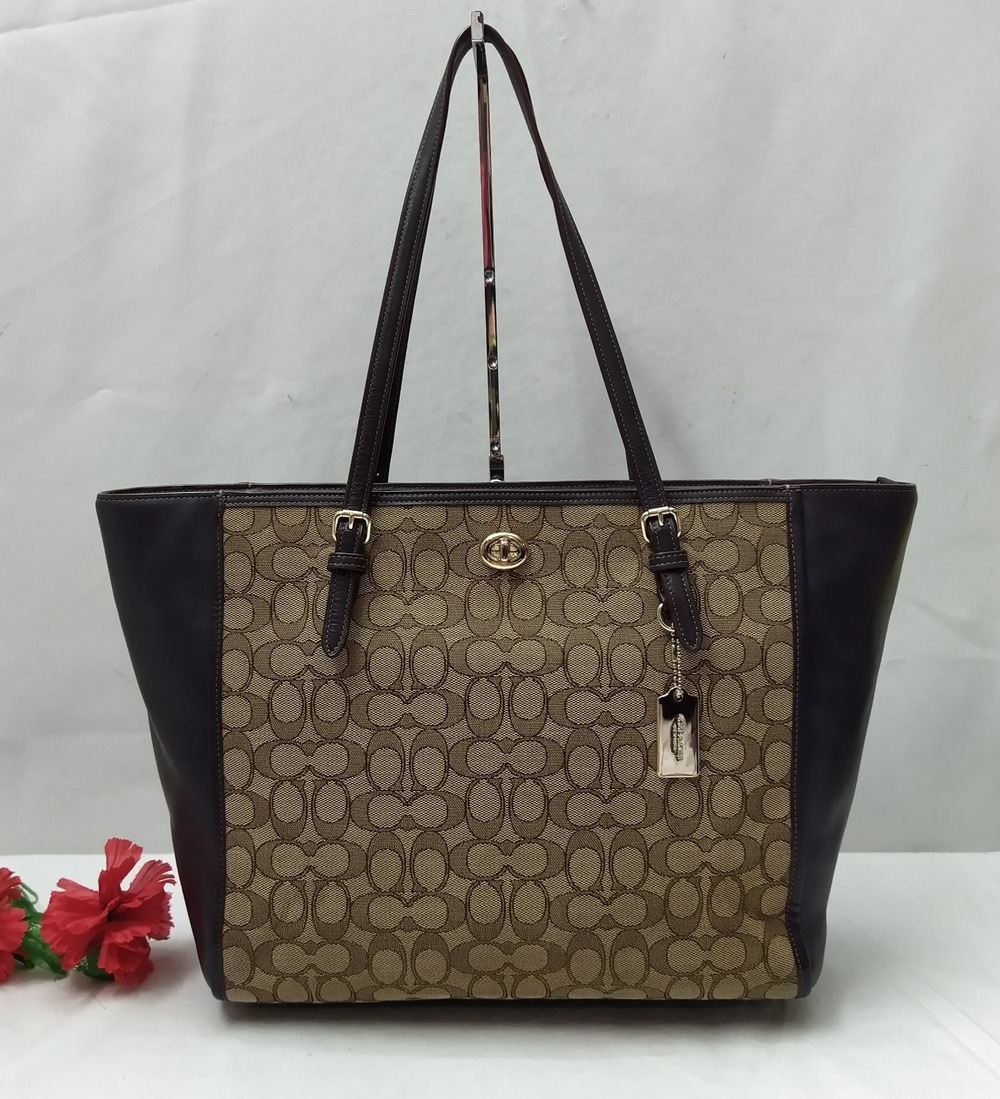Coach Signature Brown Canvas Leather Trim Turn Lock Double Handles Tote Bag